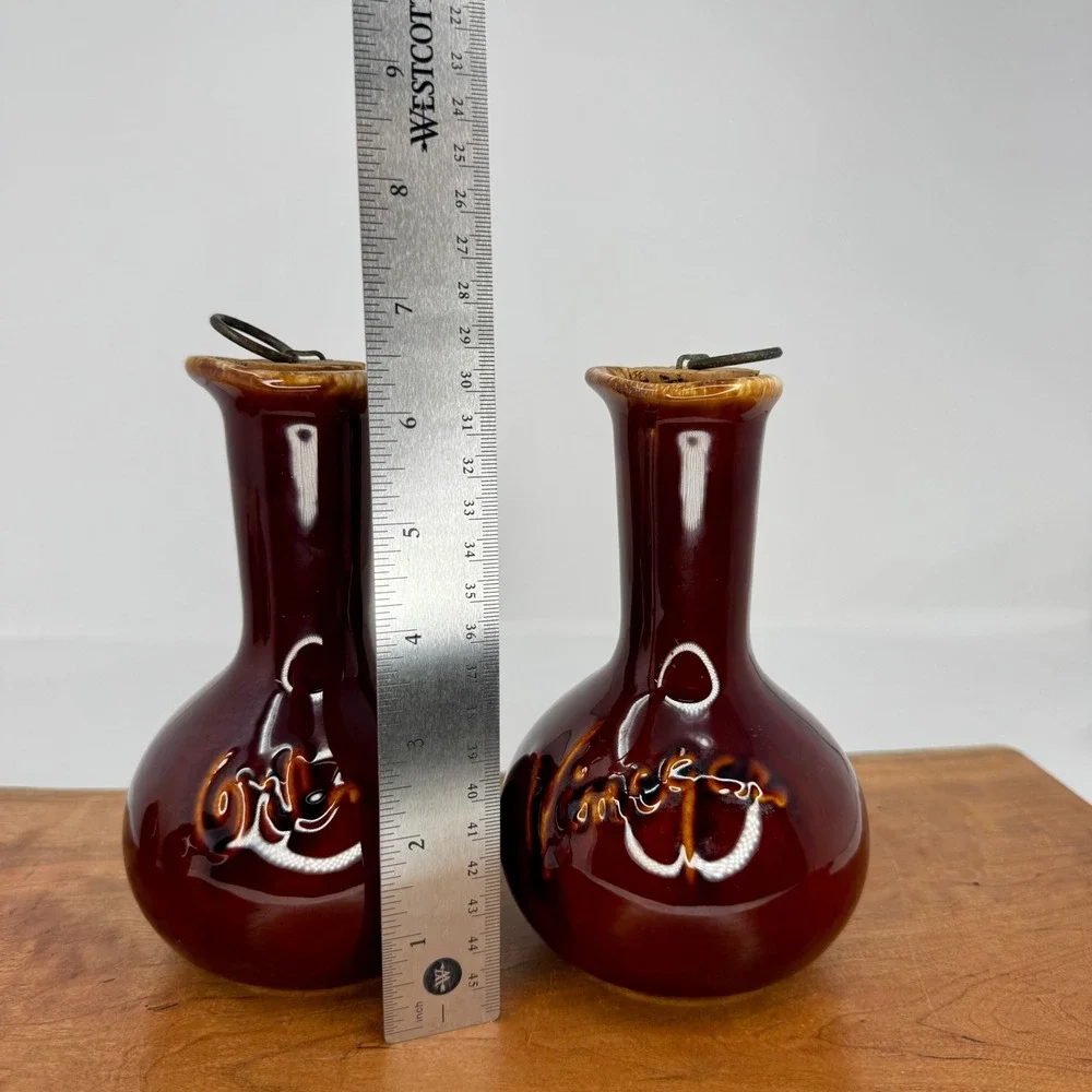 Vintage Hull Pottery Salt Pepper Oil Vinegar Set 4pc Mirror Brown Drip Glaze
